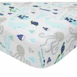 Best Sale 💯 Lambs & Ivy Oceania 100% Cotton Fitted Crib Sheet - White with Blue Nautical/Aquatic Fish and Octopus ✨