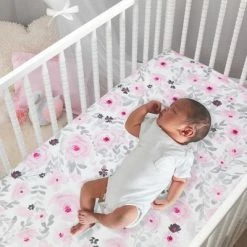 Wholesale ❤️ Bedtime Originals Blossom Pink/Gray Watercolor Floral Baby Fitted Crib Sheet 🧨