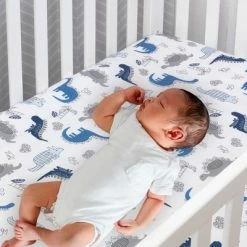 Best reviews of 😍 Lambs & Ivy Baby Dino 100% Cotton Blue/White/Gray Dinosaur Fitted Crib Sheet 🎉
