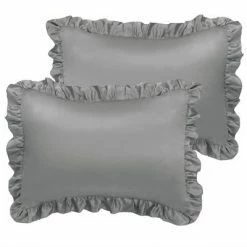 Best Sale 😀 2 Pcs King Silk Satin Ruffled Pillowcase Deep Grey - PiccoCasa 💯