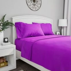 Discount 🤩 Hastings Home Twin Size Brushed Microfiber 3 Piece Bed Sheet and Linen Set with Stain Resistant Fitted and Flat Sheets - Purple ⌛